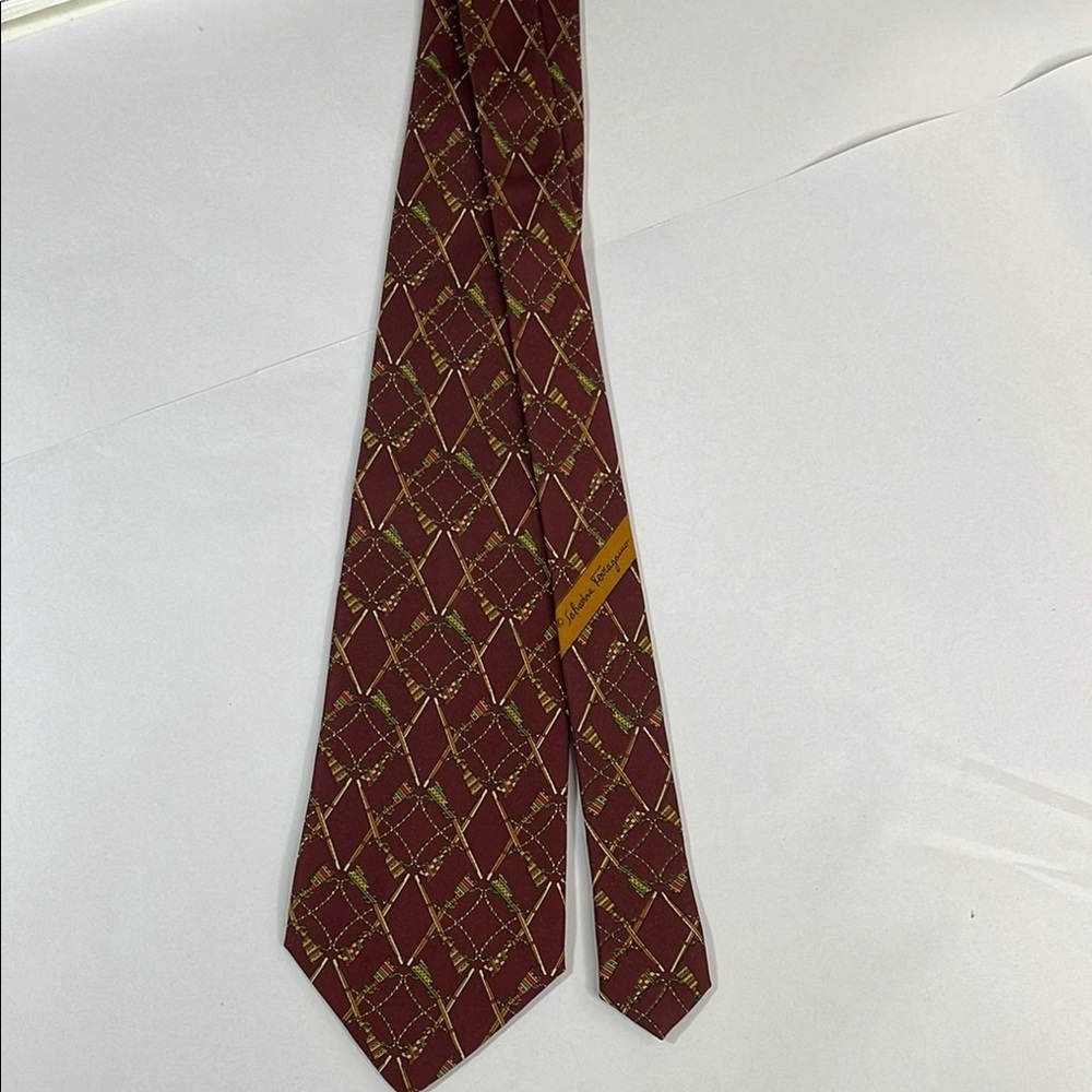 Salvatore Ferragamo Silk Novelty Print Hunting Rifles Burgundy Mens Neck Tie